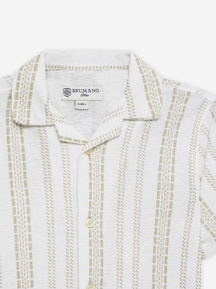 Cream Knitted Printed Cuban Collar Shirt - Junior