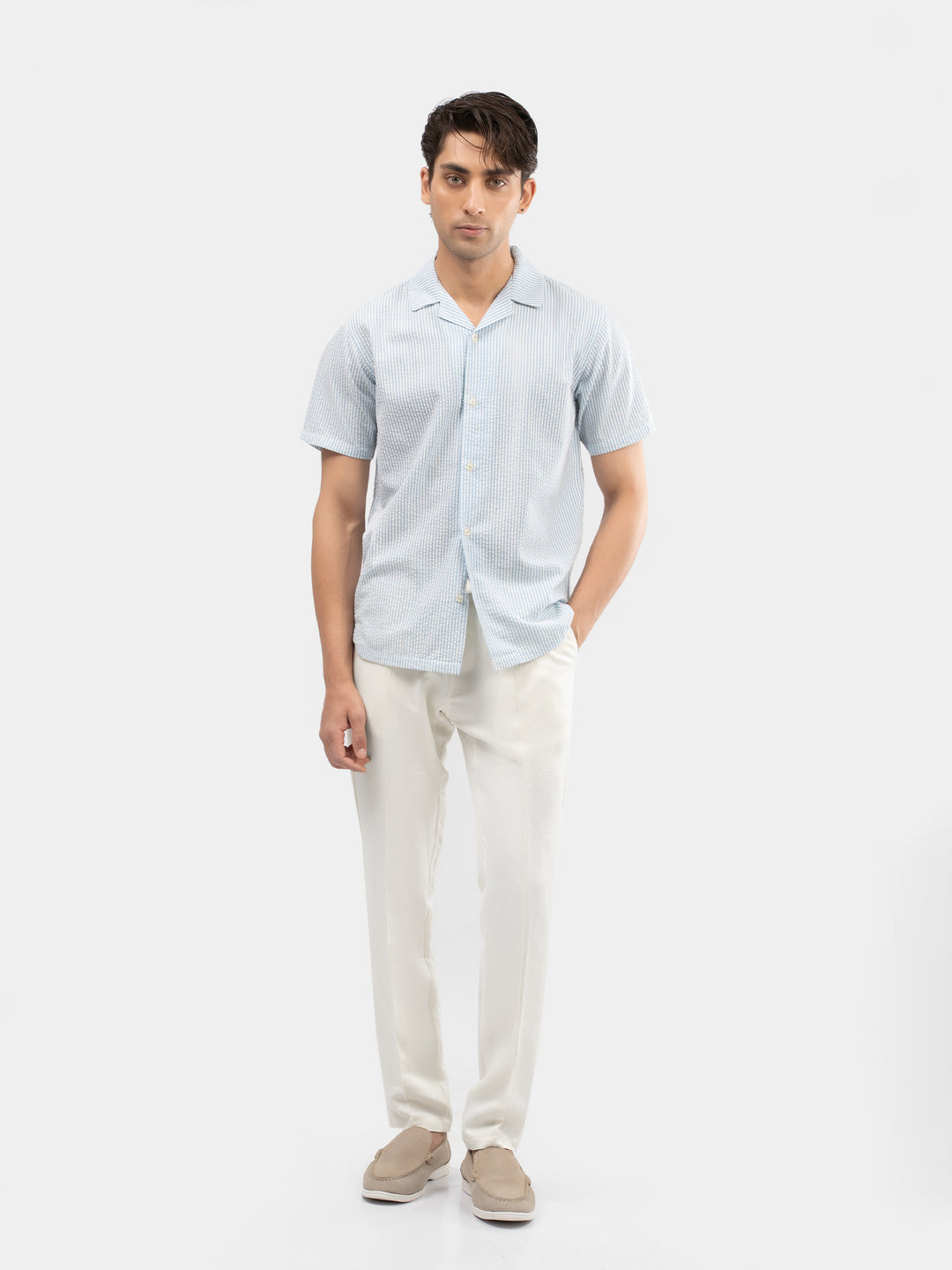 Waistband detail of men's cream summer pajama