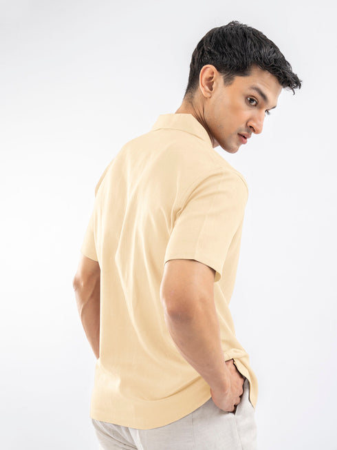 Cream Linen Blended Half Sleeve Cuban Collar Shirt