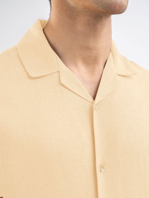 Cream Linen Blended Half Sleeve Cuban Collar Shirt