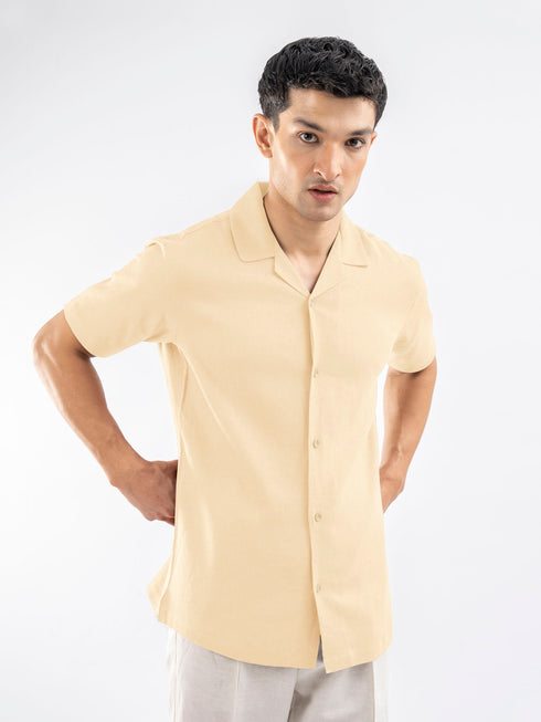 Cream Linen Blended Half Sleeve Cuban Collar Shirt