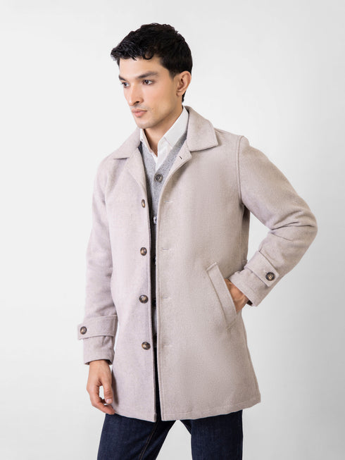 Cream Wool Blended Long Coat With Collar