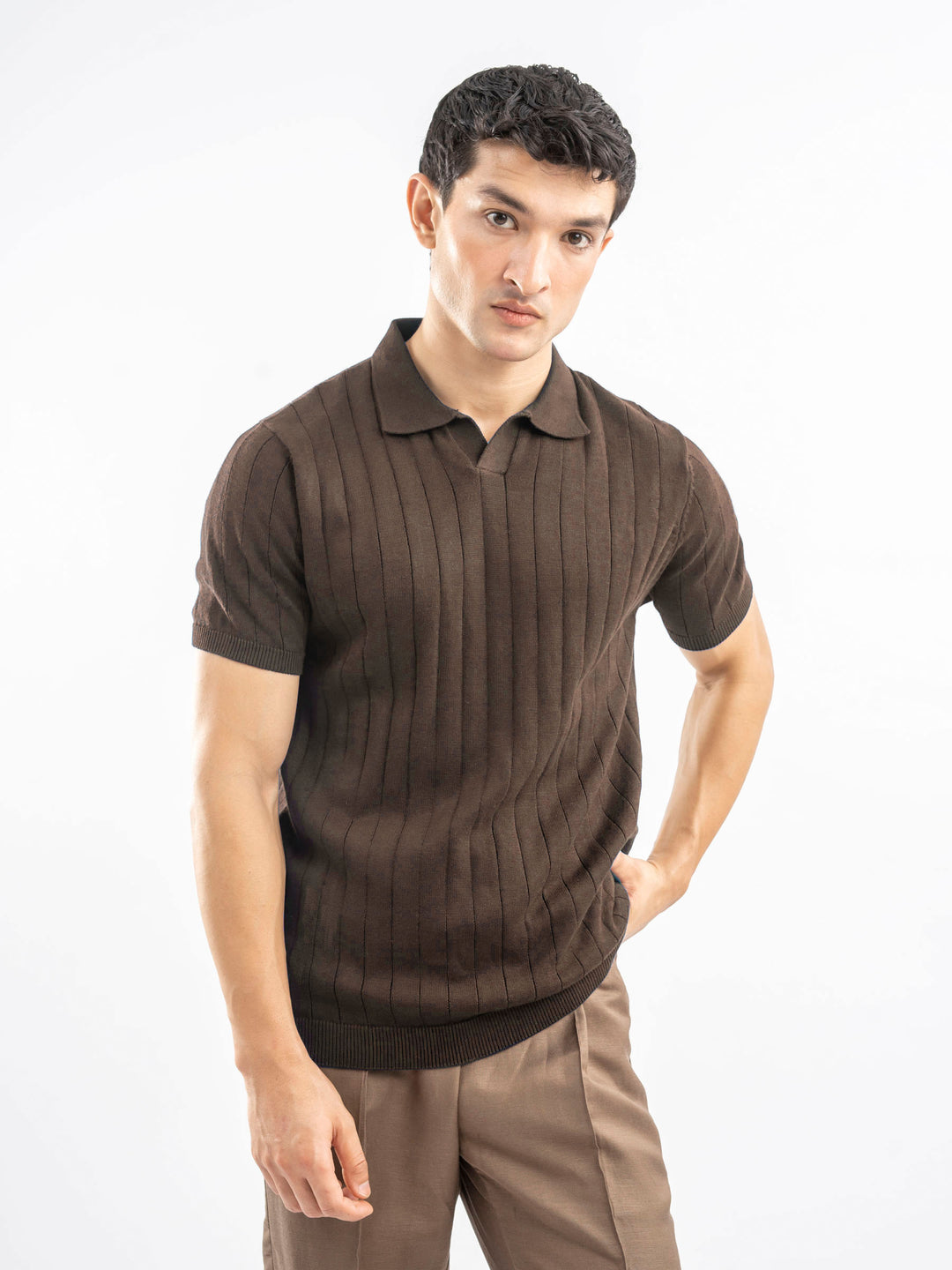Dark brown drop needle flat knit polo brumano pakistan