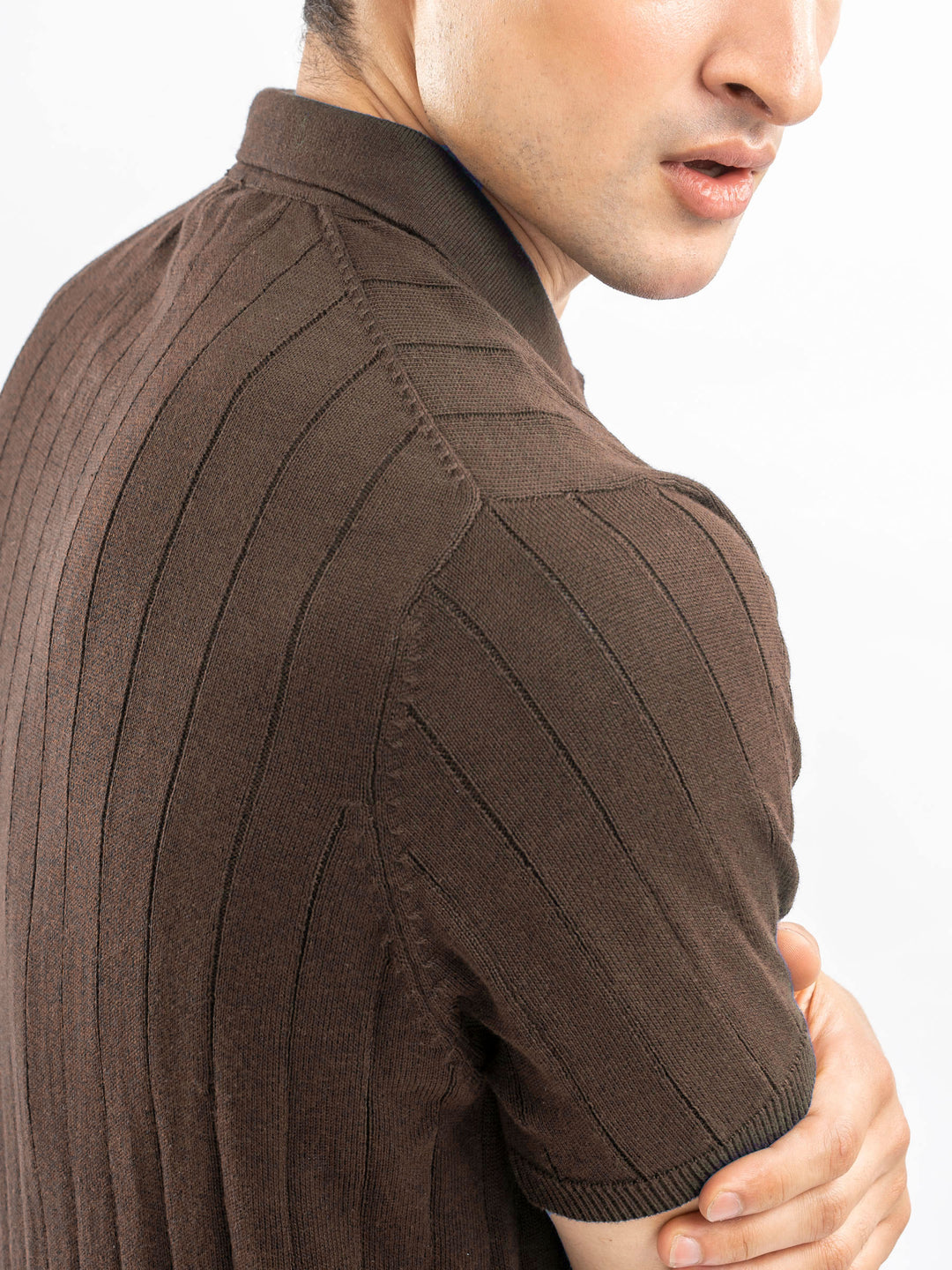 Dark Brown Drop Needle Flat Knit Polo