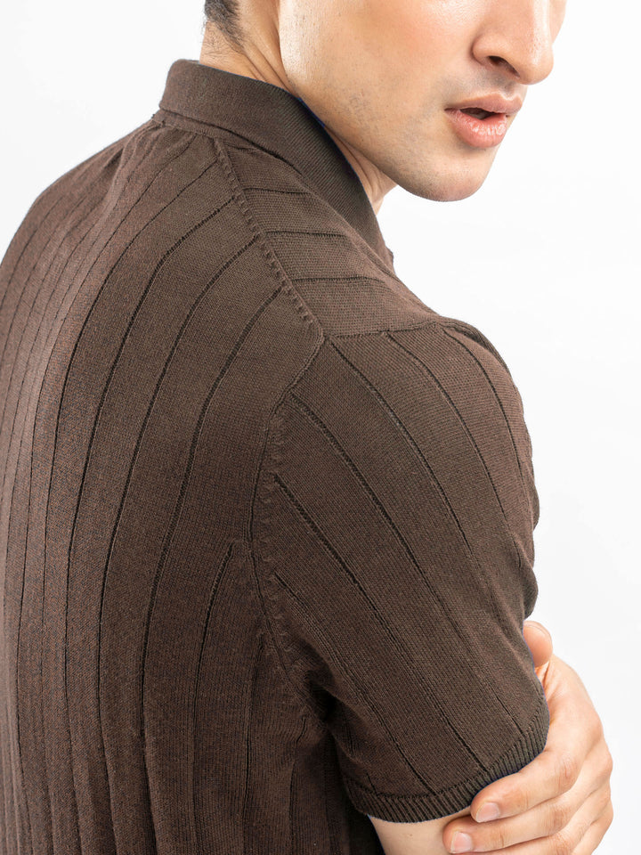 Dark Brown Drop Needle Flat Knit Polo