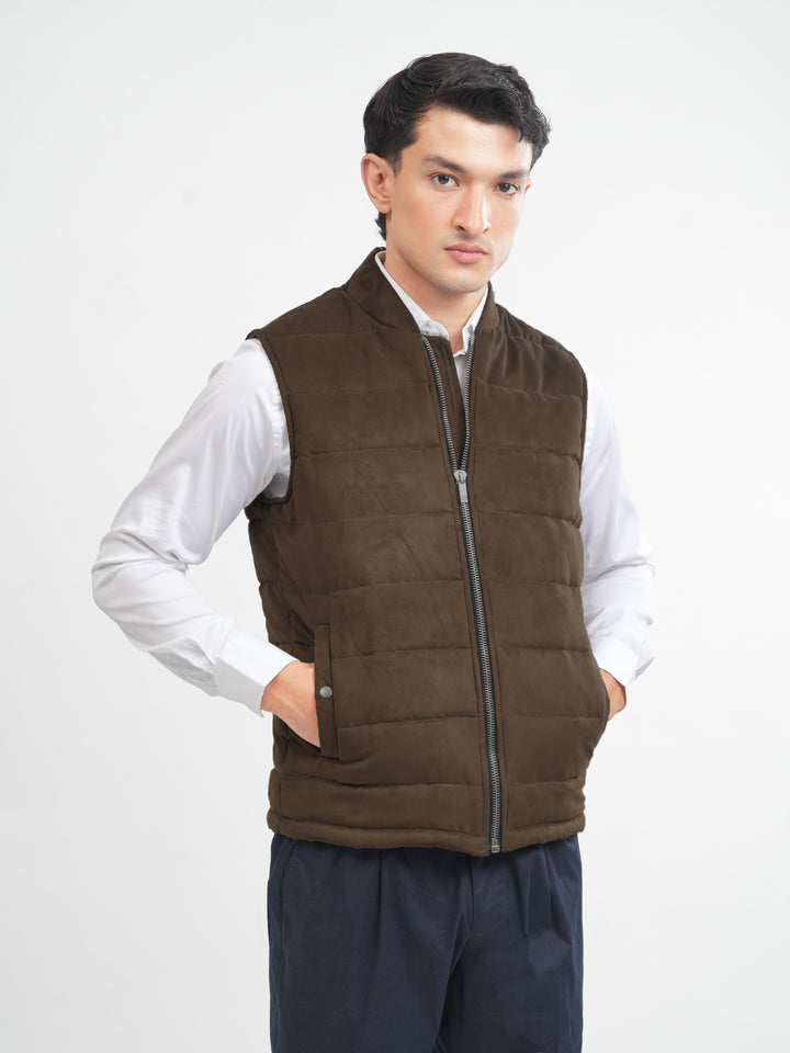 Men's dark brown suede gilet front view