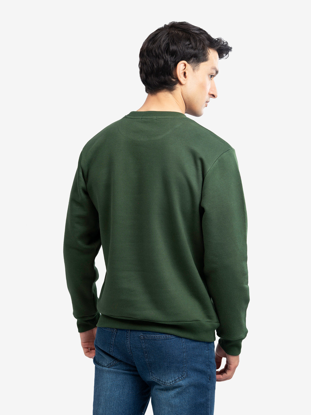 Back view of men's heavy green sweatshirt