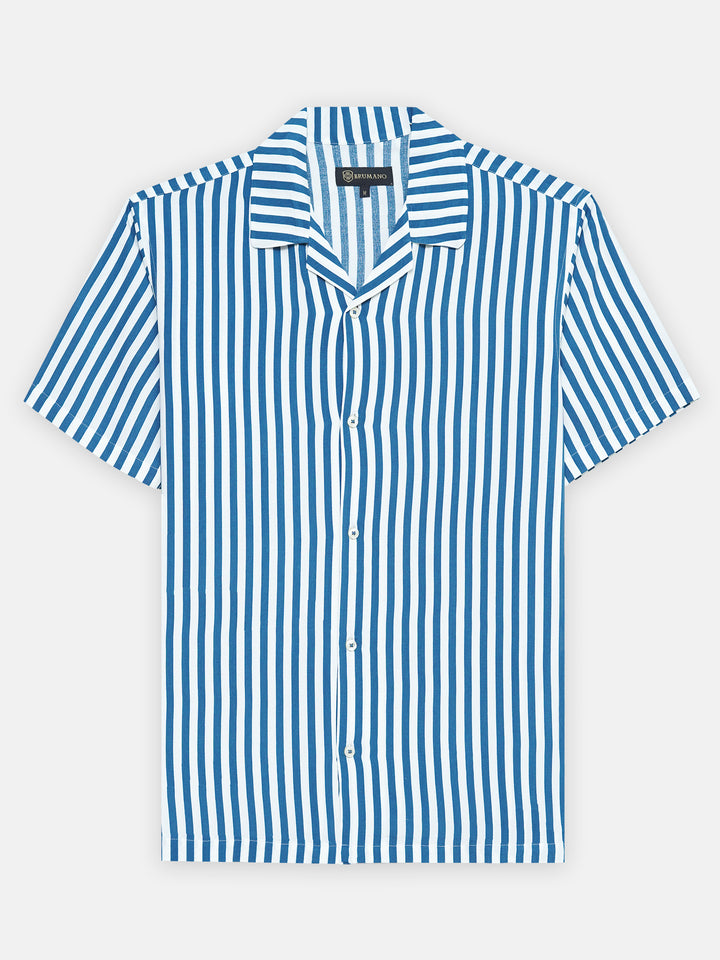 Dark Blue & White Cuban Collar Shirt