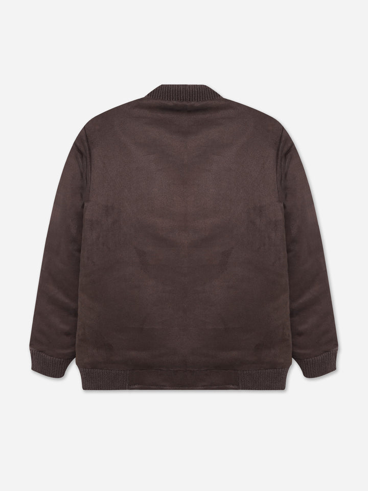 Dark Brown Faux Suede Quilted Bomber Jacket - Junior