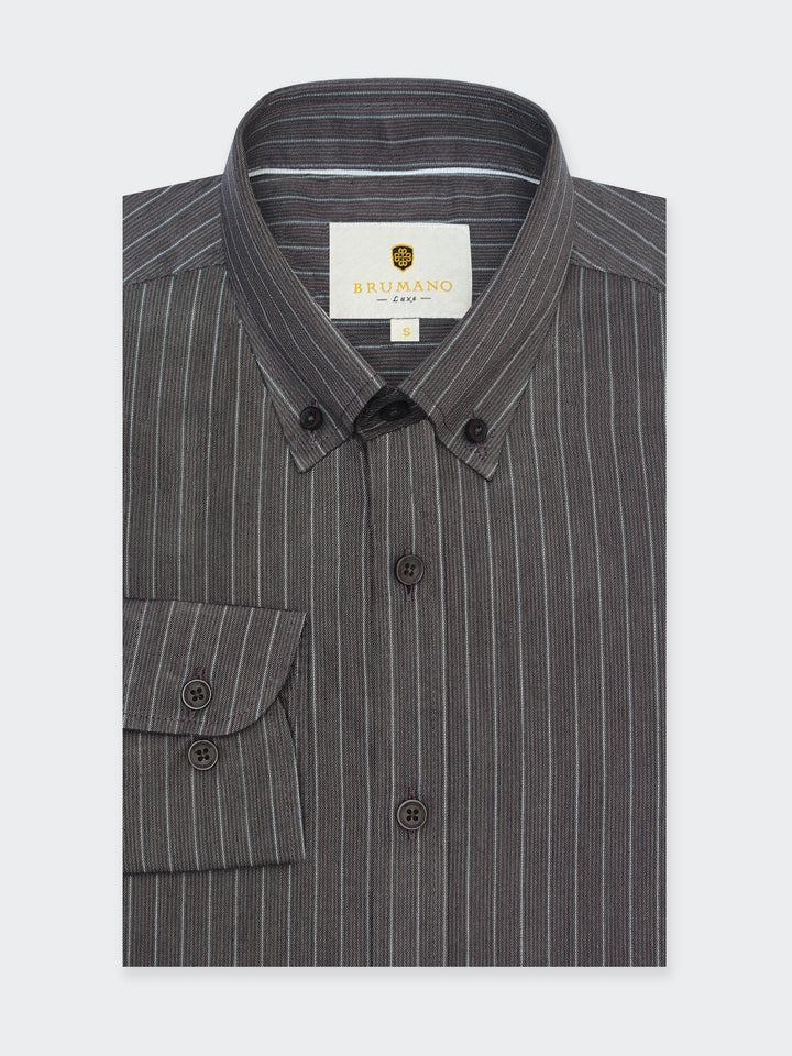 Dark Brown Striped Button Down Formal Shirt - Luxe