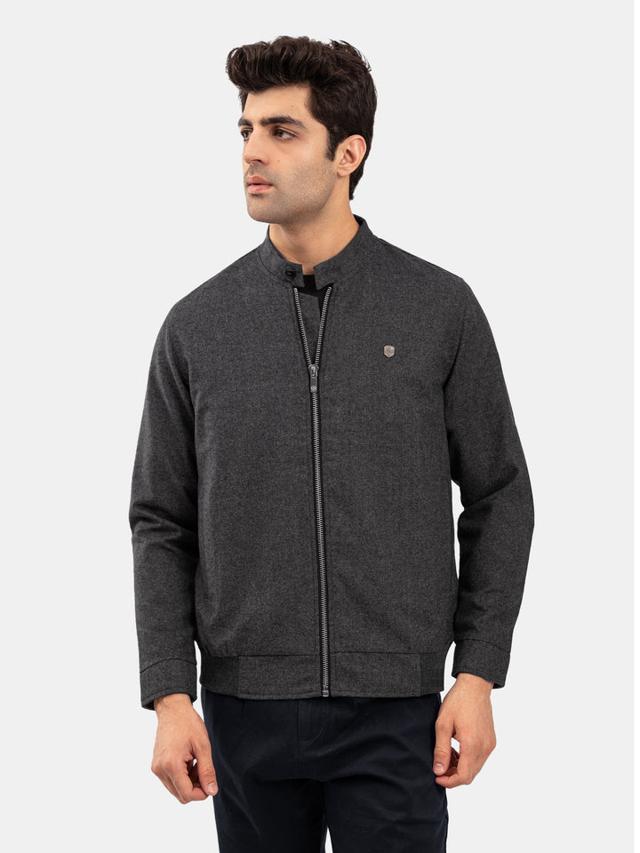 Dark Grey Wool Blended Mao Collar Jacket