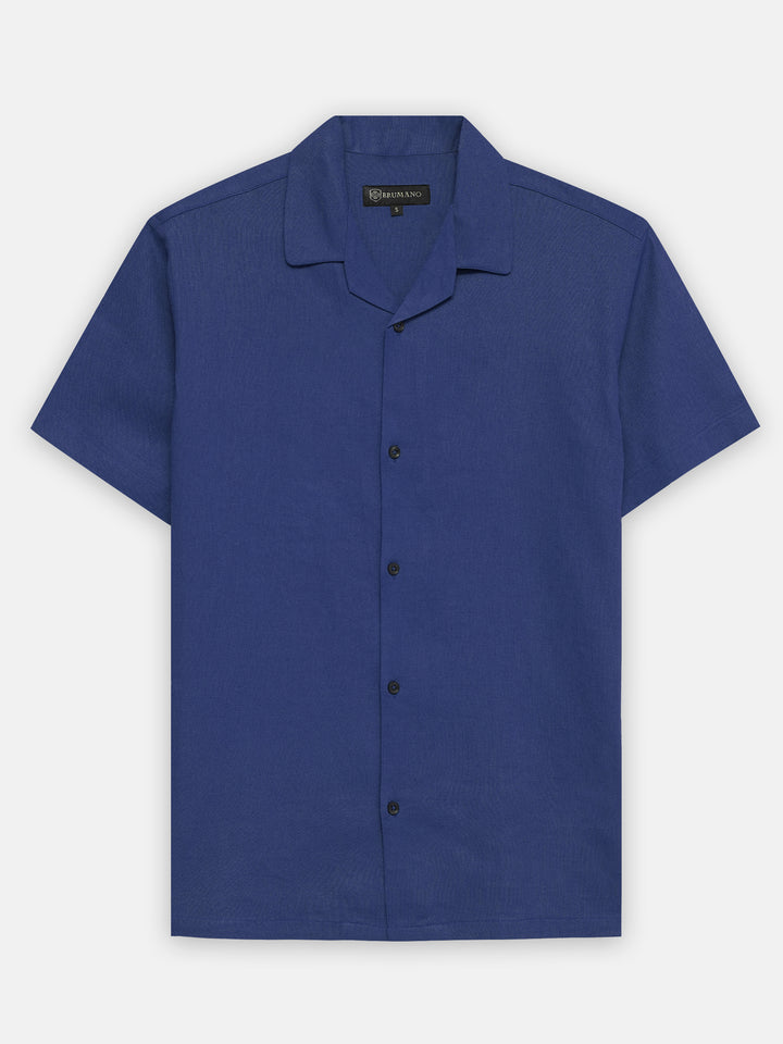 Dark Royal Blue Linen Half Sleeve Cuban Collar Shirt