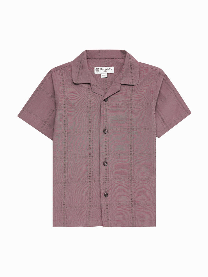 Dark Tea Pink Seersucked Casual Cuban Collar Shirt - Junior