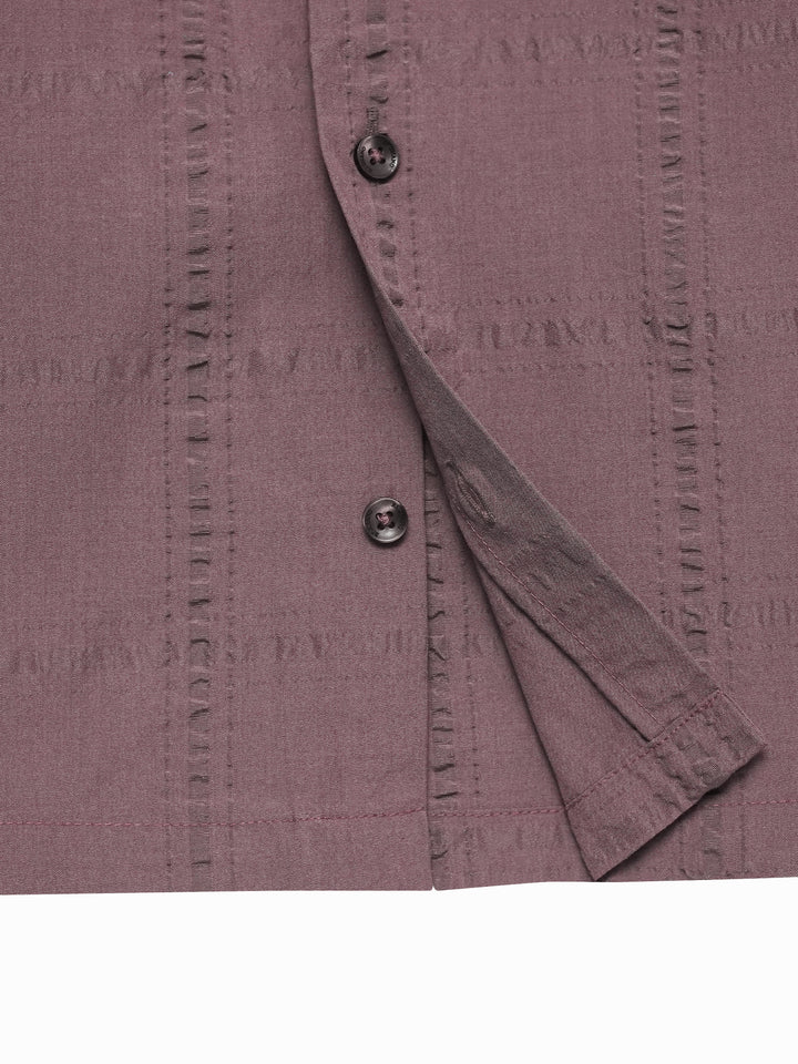 Dark Tea Pink Seersucked Casual Cuban Collar Shirt - Junior