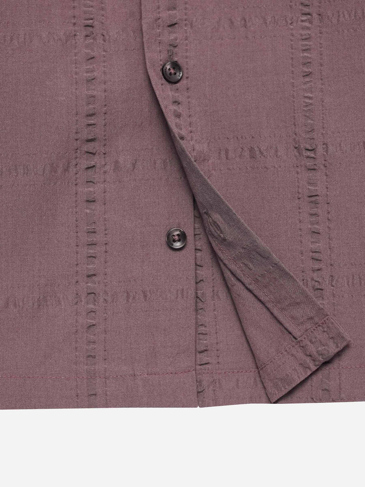 Dark Tea Pink Seersucked Casual Cuban Collar Shirt - Junior