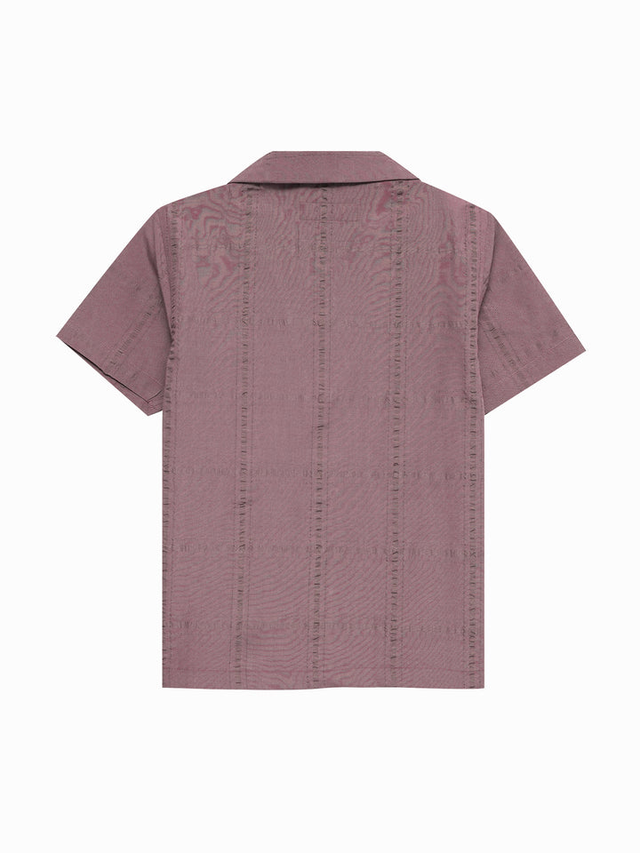 Dark Tea Pink Seersucked Casual Cuban Collar Shirt - Junior