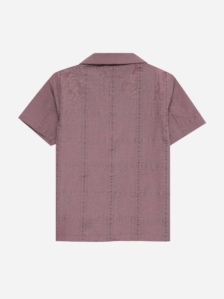 Dark Tea Pink Seersucked Casual Cuban Collar Shirt - Junior