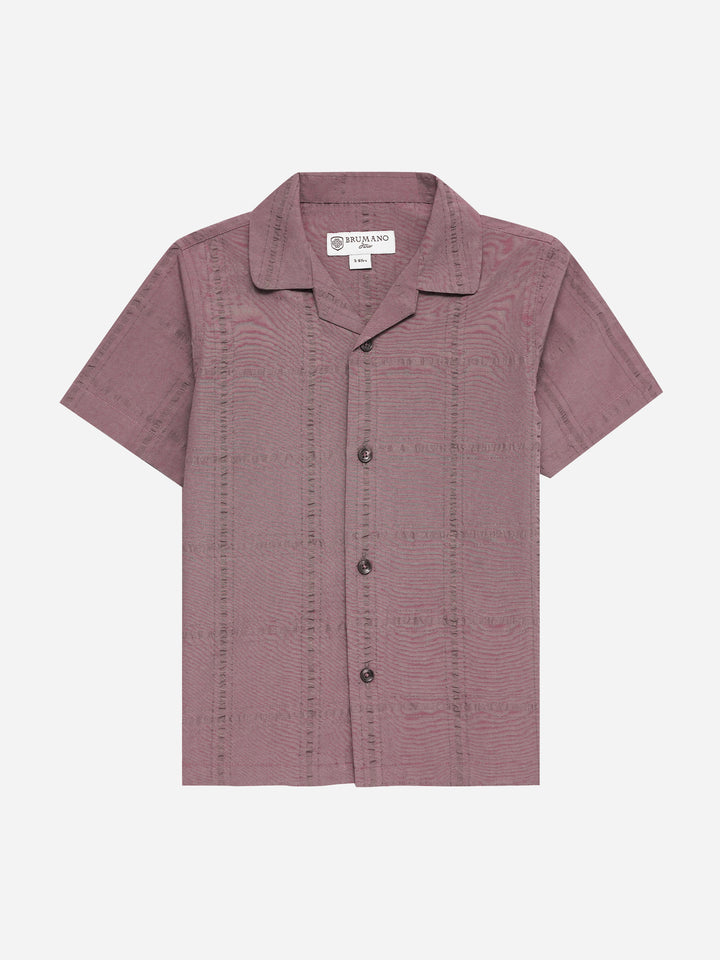 Dark Tea Pink Seersucked Casual Cuban Collar Shirt - Junior