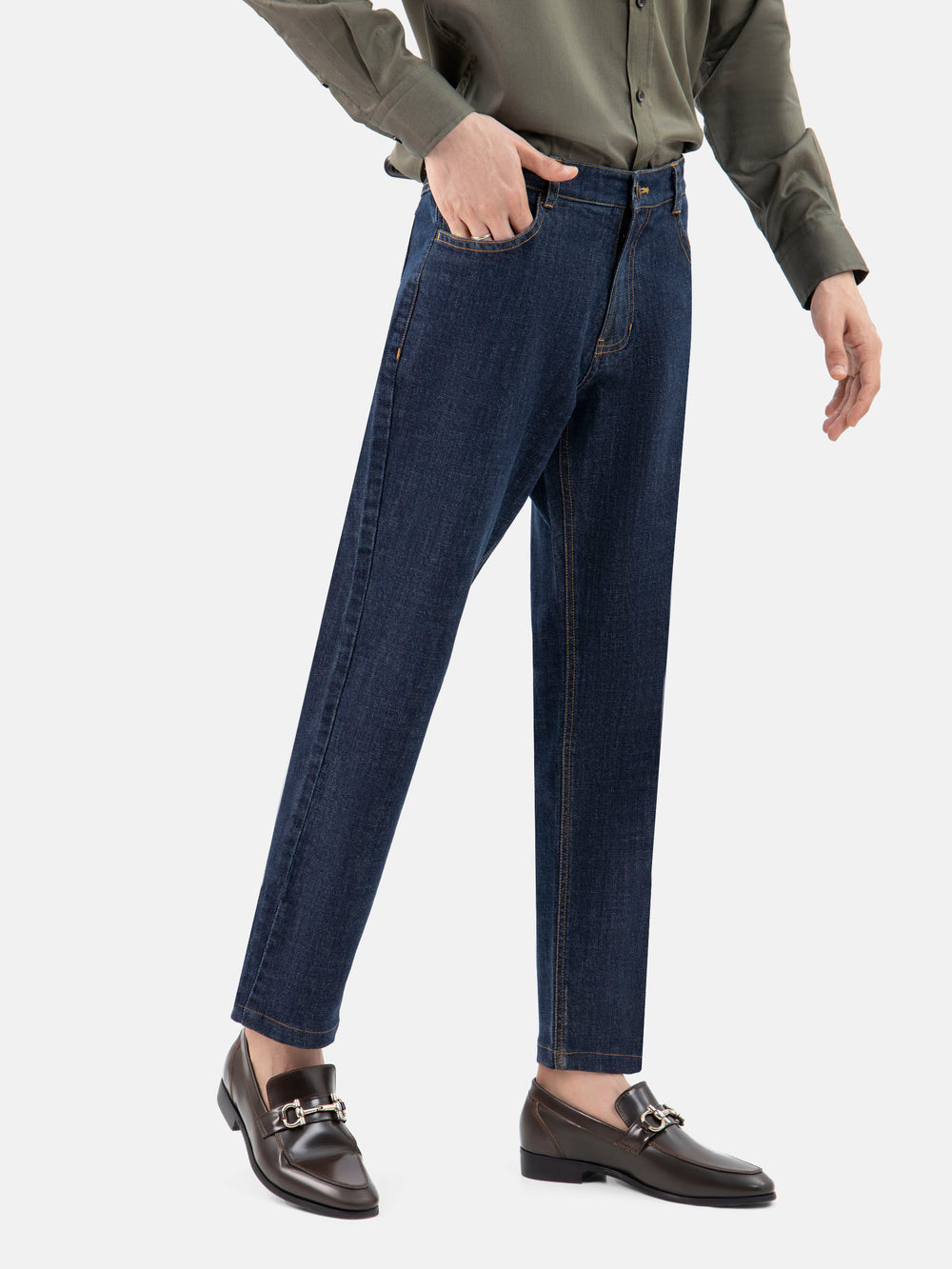 Dark blue casual fit jeans with orange stitching brumano pakistan