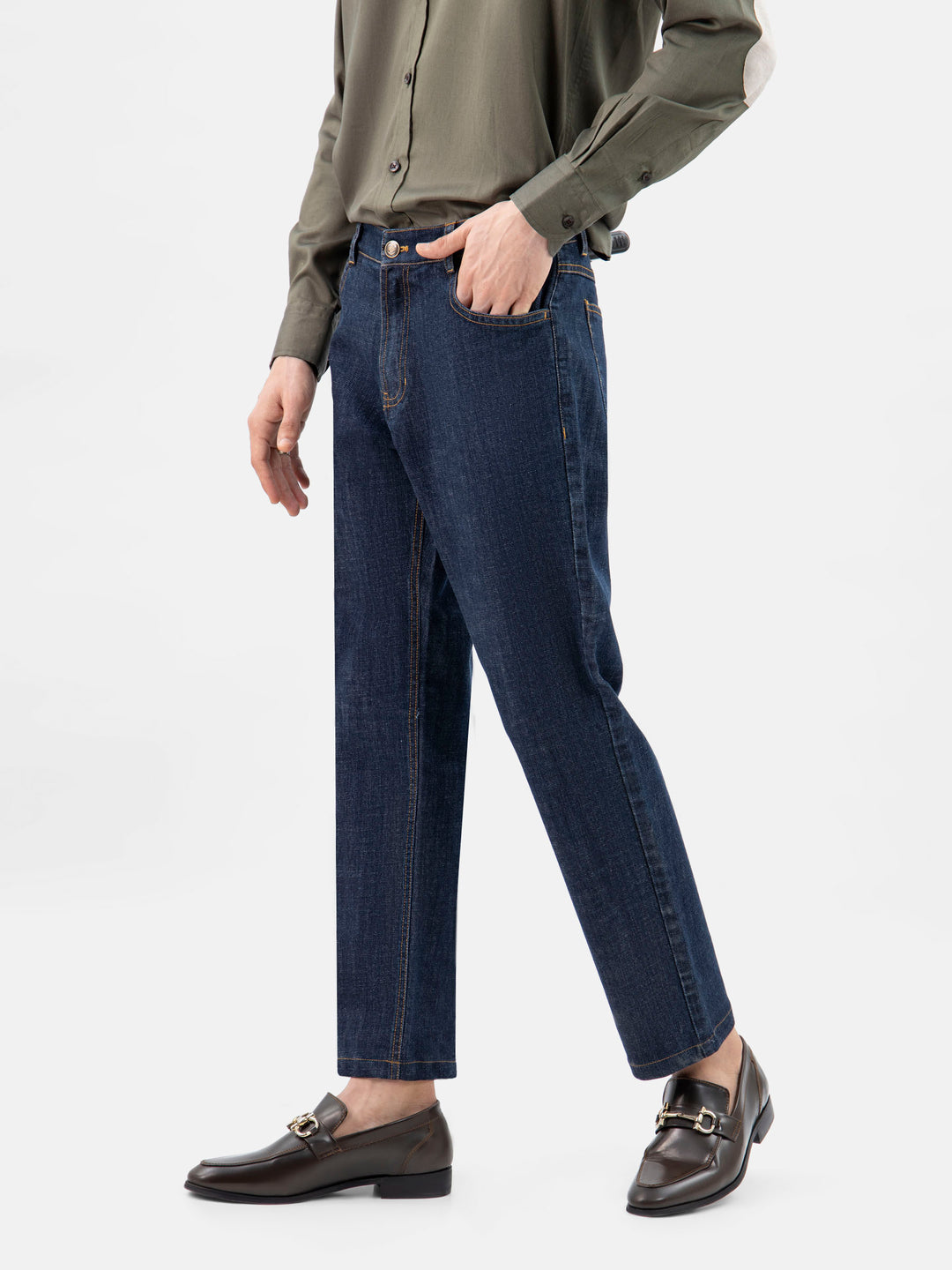 Dark blue casual fit jeans with orange stitching brumano pakistan