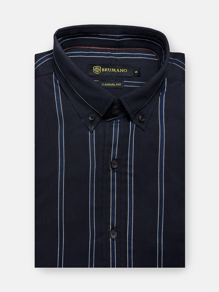 Dark Blue Striped Shirt With Button Down Collar