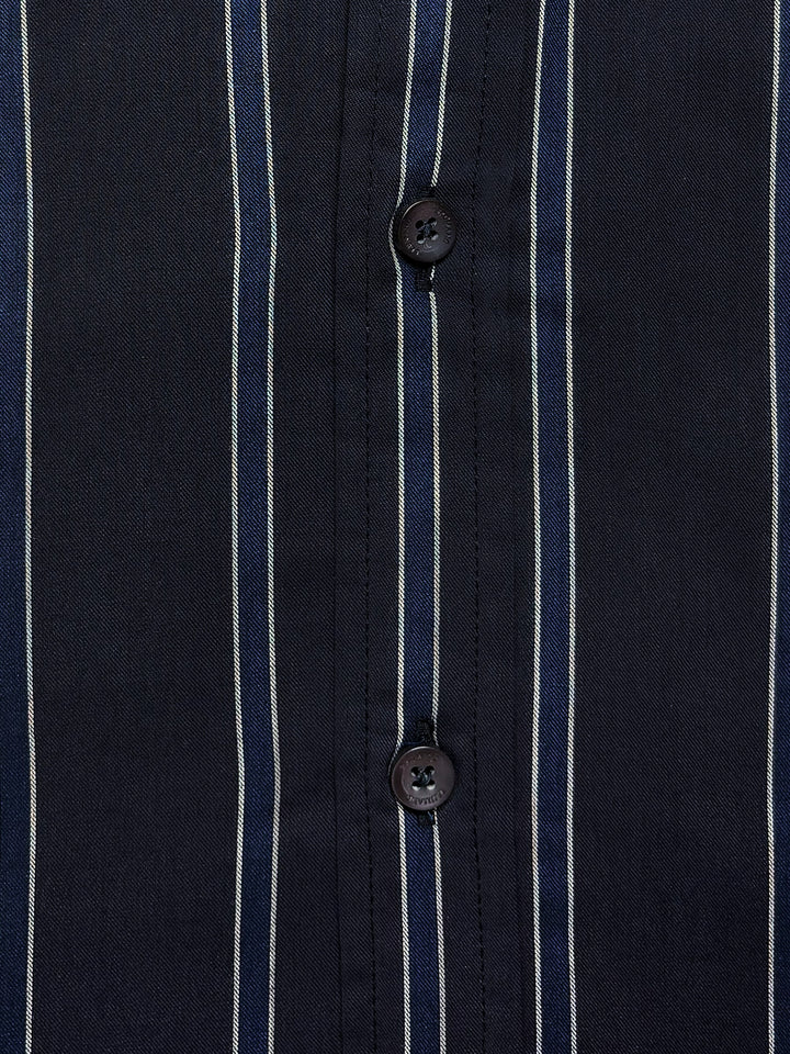 Dark Blue Striped Shirt With Button Down Collar