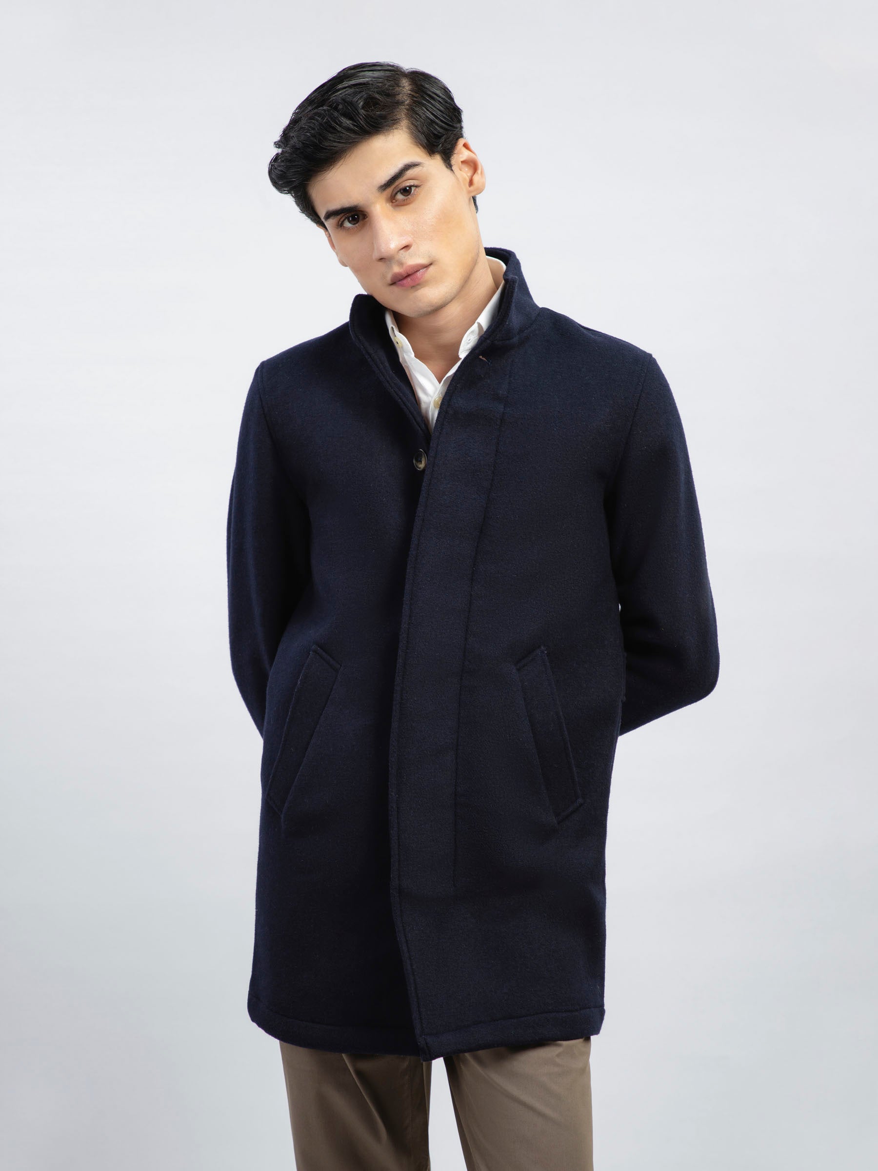 Dark Blue Wool Blended Long Coat Limited Edition Brumano