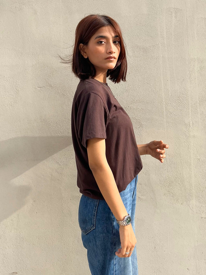 Dark Brown 100% Cotton Basic Tee - Women
