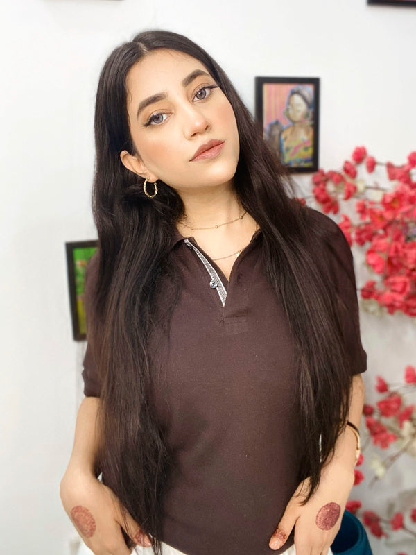 Dark Brown 100% Cotton Pique Polo - Women