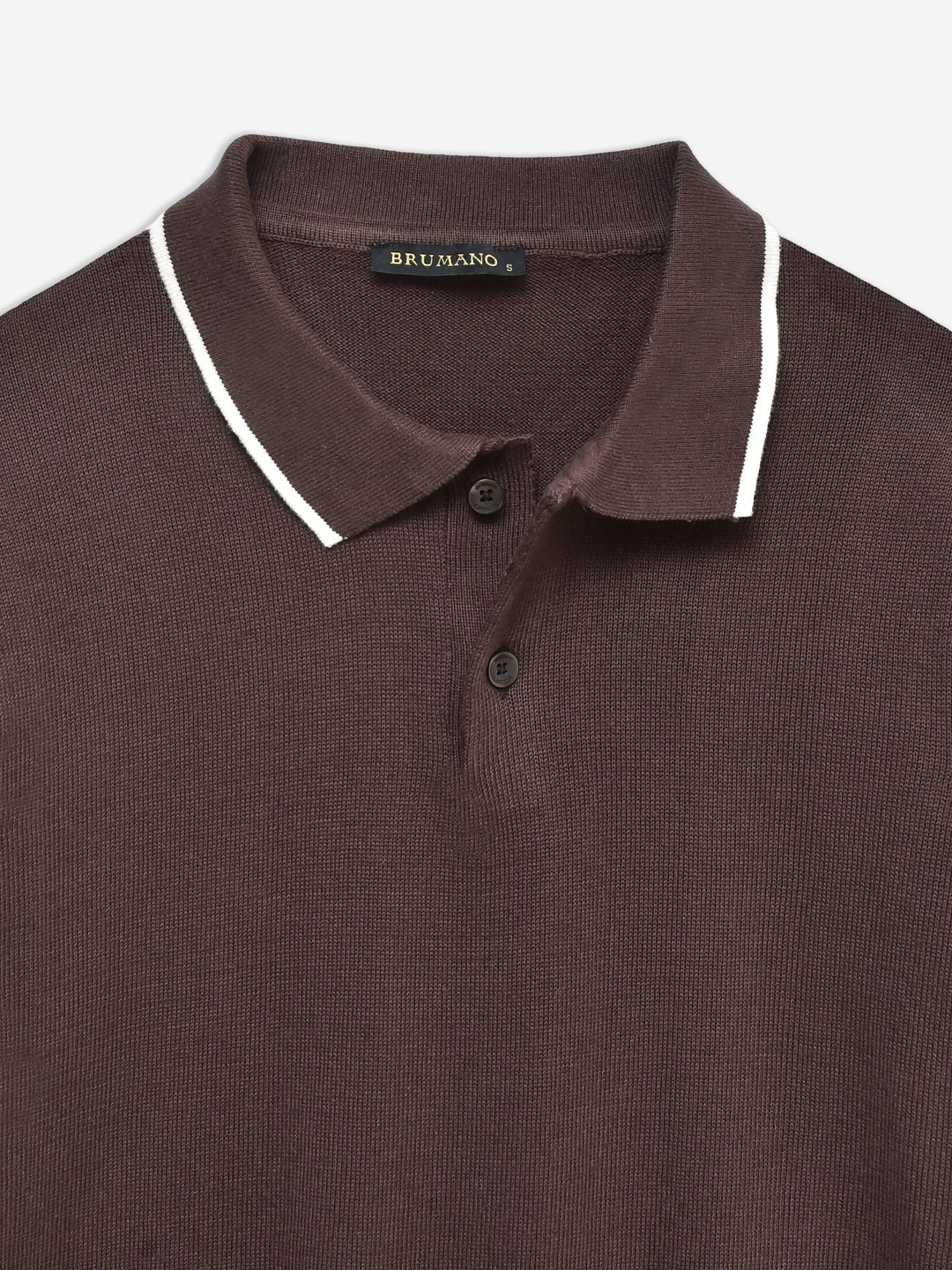 Dark Brown Flat Knit Polo With Tipped Collar