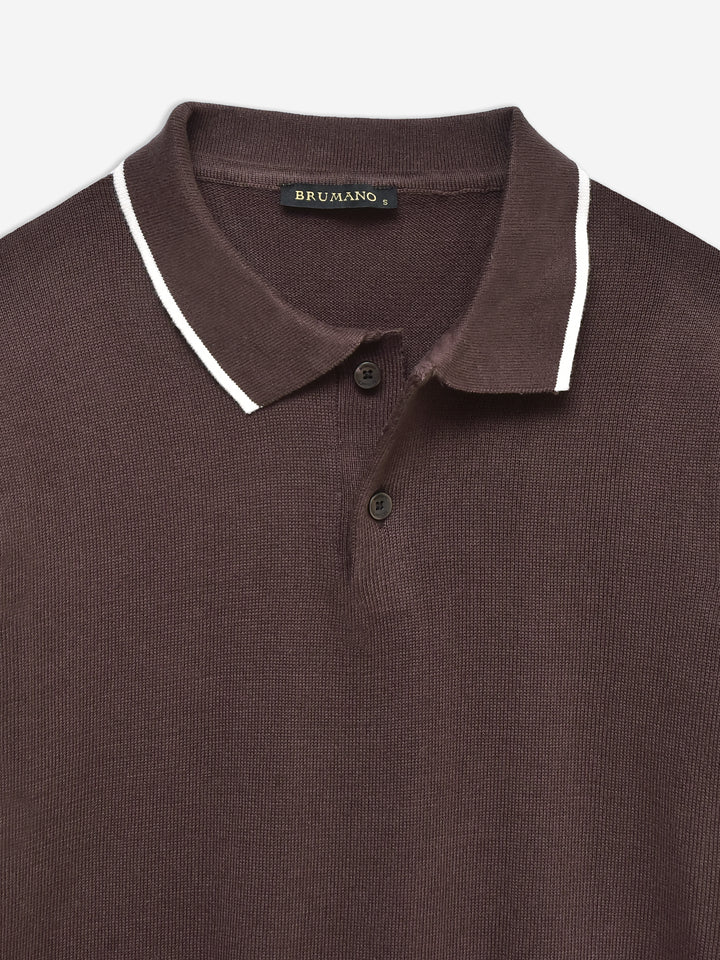 Dark Brown Flat Knit Polo With Tipped Collar