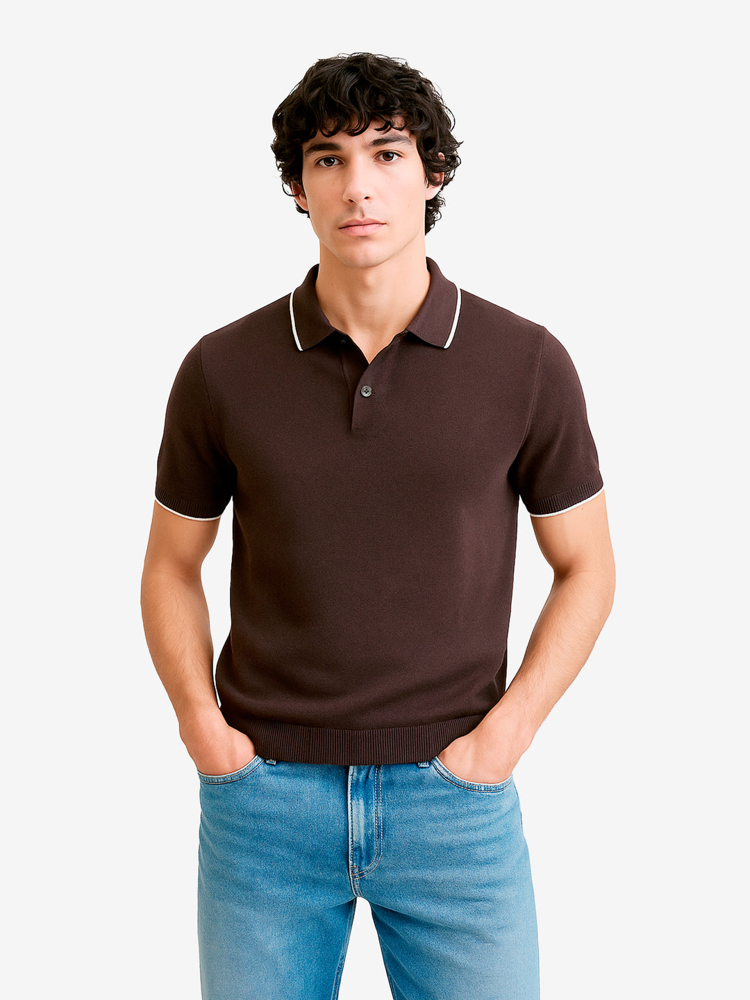 Darkbrownflatknitpolowithtippedcollarbrumanopakistan 2