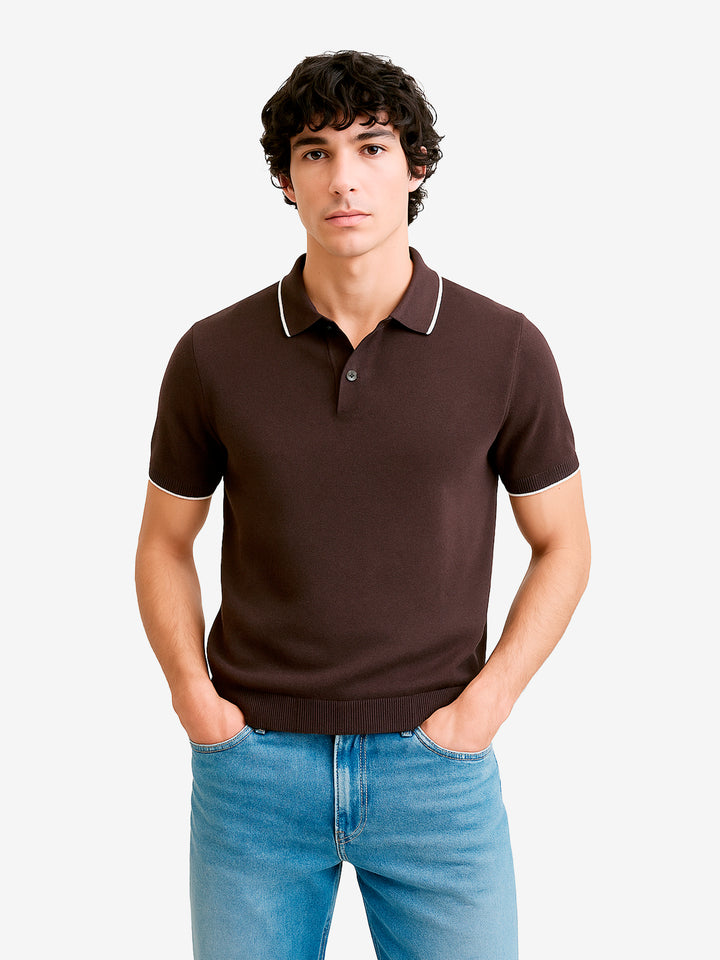 Dark Brown Flat Knit Polo With Tipped Collar