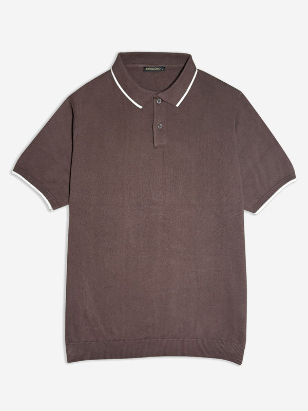 Dark Brown Flat Knit Polo With Tipped Collar