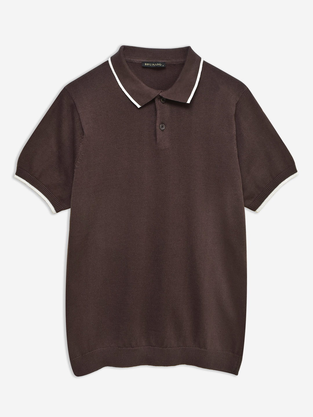 Dark Brown Flat Knit Polo With Tipped Collar