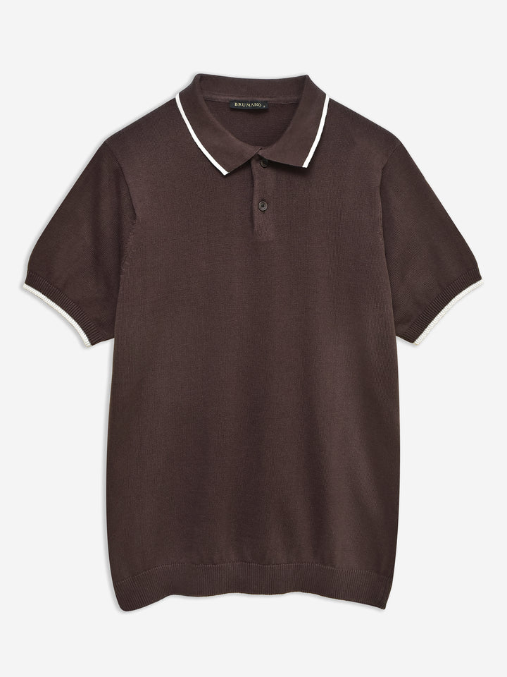 Dark Brown Flat Knit Polo With Tipped Collar
