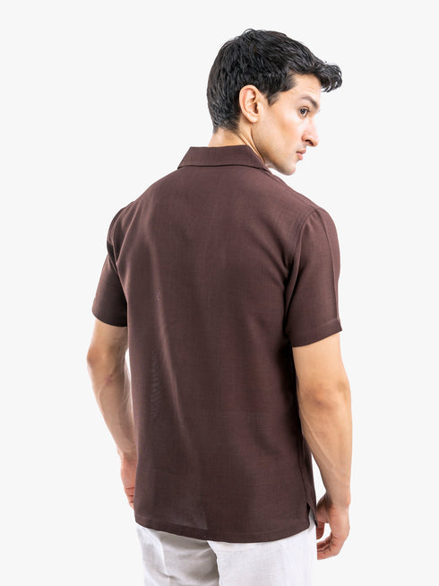 Dark Brown Linen Blended Half Sleeve Cuban Collar Shirt