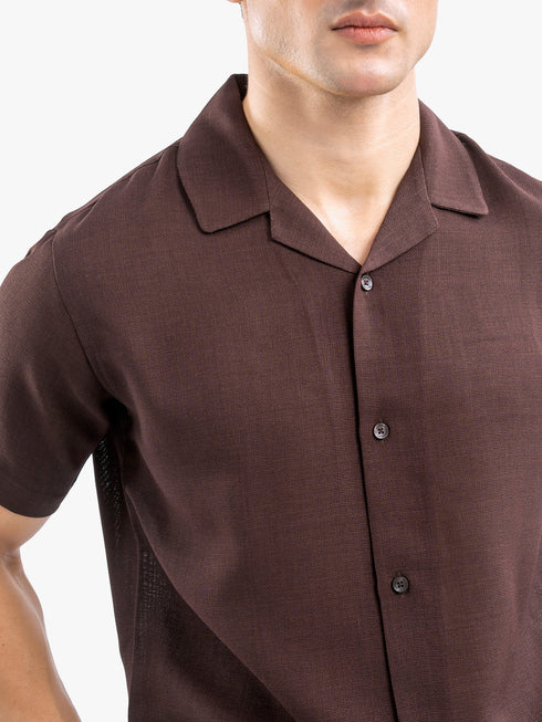 Dark Brown Linen Blended Half Sleeve Cuban Collar Shirt