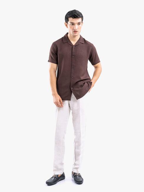 Dark Brown Linen Blended Half Sleeve Cuban Collar Shirt