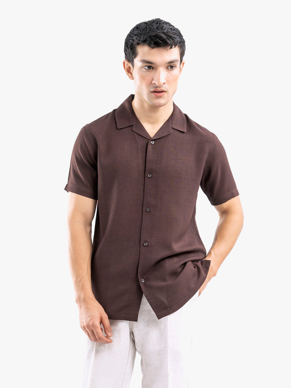 Dark Brown Linen Blended Half Sleeve Cuban Collar Shirt