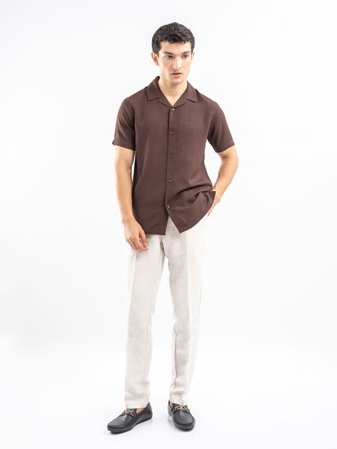 Dark Brown Structured Cuban Collar Shirt