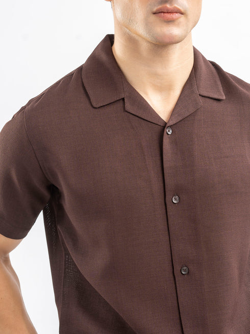 Dark Brown Structured Cuban Collar Shirt