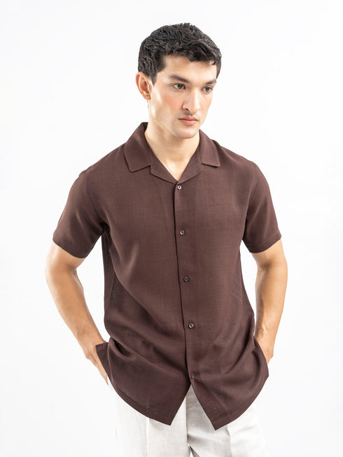 Dark Brown Structured Cuban Collar Shirt