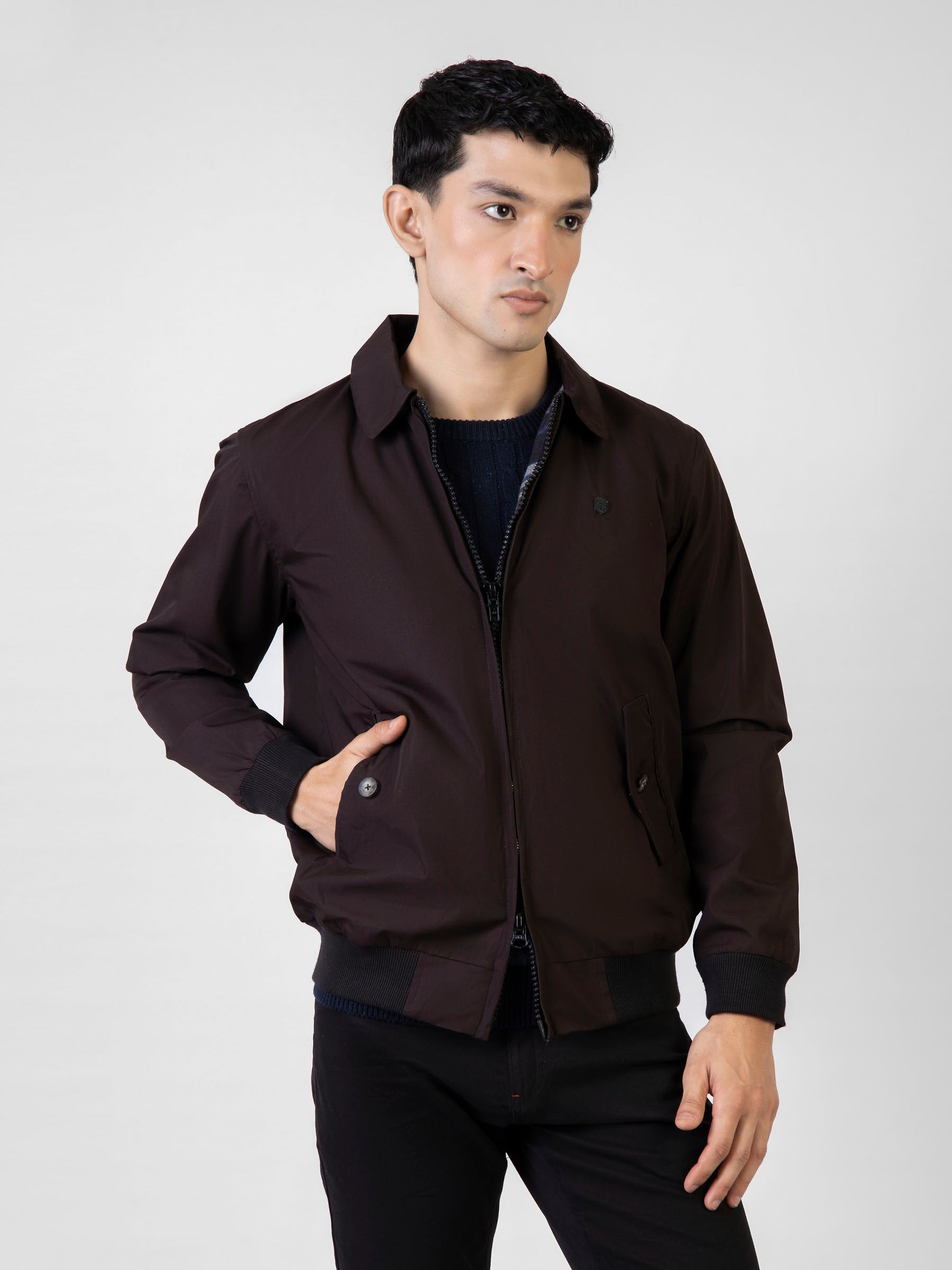 Dark Brown Twill Harrington Jacket With Collar – Brumano