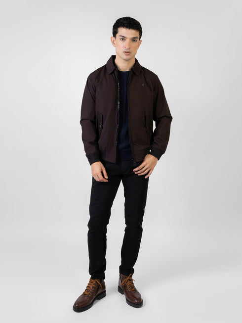 Dark Brown Twill Harrington Jacket With Collar