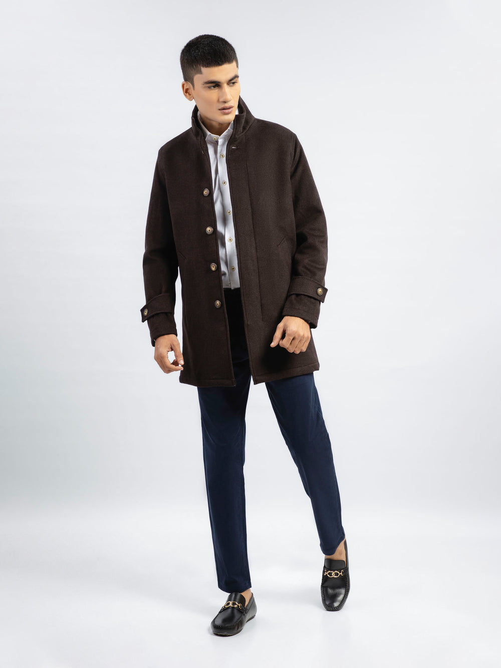 Dark brown wool blended long coat   limited edition brumano pakistan