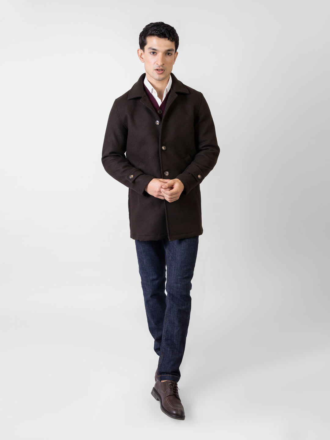 Dark Brown Wool Blended Long Coat With Collar