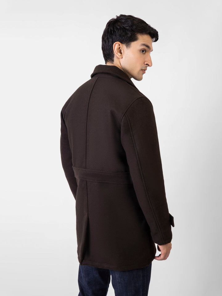 Dark Brown Wool Blended Long Coat With Collar