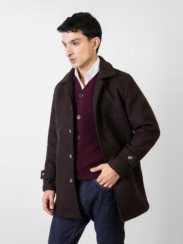 Dark Brown Wool Blended Long Coat With Collar