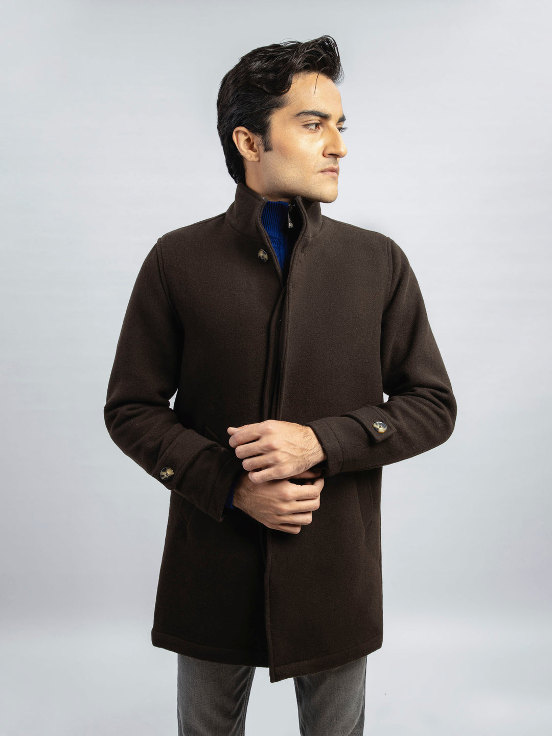 Dark Chocolate Brown Wool Blended Long Coat - Limited Edition Brumano Pakistan
